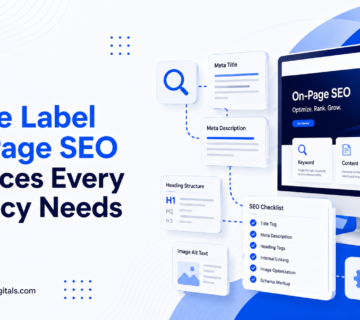 White Label On-Page SEO Services checklist for agencies including title tags, meta descriptions, internal linking, schema markup, content optimization, and image SEO