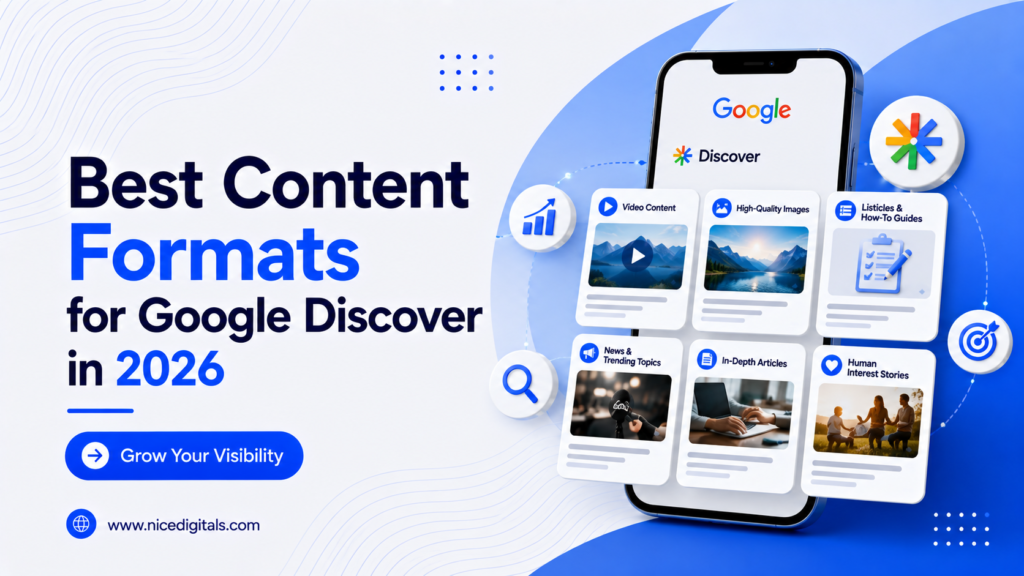 Best content formats for Google Discover in 2026 including news articles, videos, visual content, evergreen guides, and AI-optimized blog posts.
